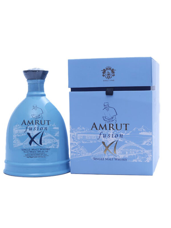 AMRUT Fusion XI single malt whisky bottle with wooden cork and packaging