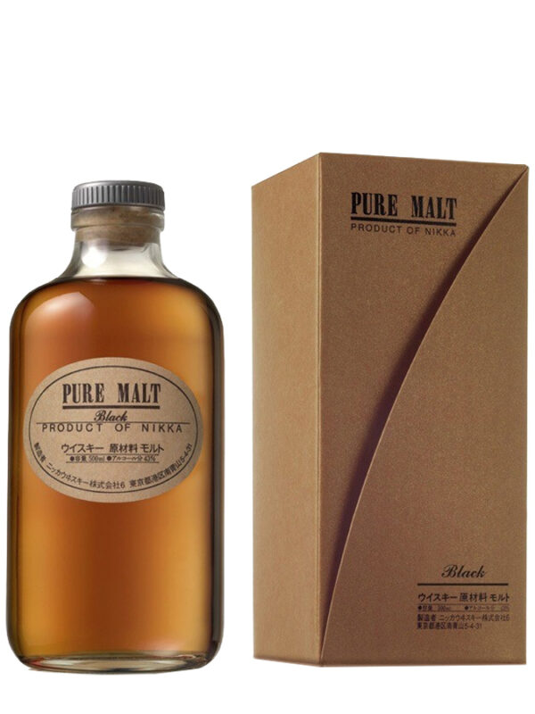 NIKKA Pure Malt Black Japanese Whisky bottle on a dark background